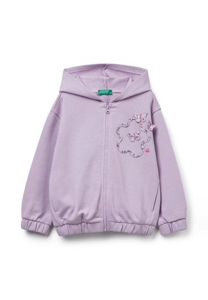 Lilac zip-hoodie met een trekkoordcapuchon. Beschikt over elastische manchetten en een elastische zoom, en heeft geborduurde vlindermotieven op de voorkant. Zacht textielmateriaal.