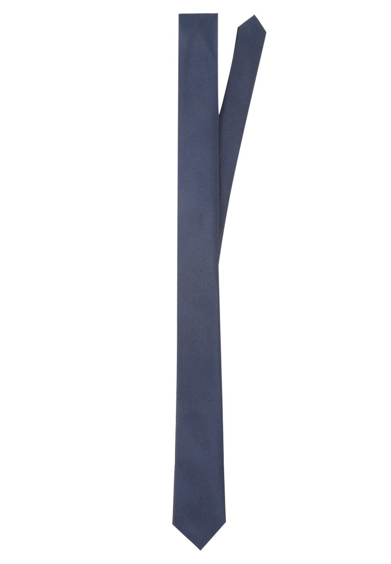 Dunkelblauer Schlips mit glatter Textur und schlankem Design, ausgestattet mit einer spitzen Spitze und sich verjüngenden Enden für einen modernen Look.