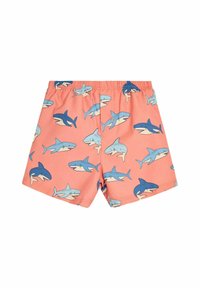 Rosa badshorts med elastisk midja, med ett upprepat mönster av blå och krämfärgade hajillustrationer. Mjuk tygtextur.