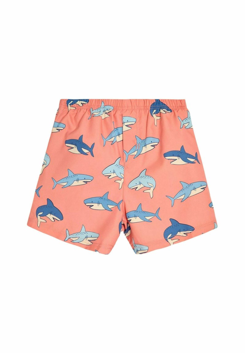 Rosa badshorts med elastisk midja, med ett upprepat mönster av blå och krämfärgade hajillustrationer. Mjuk tygtextur.