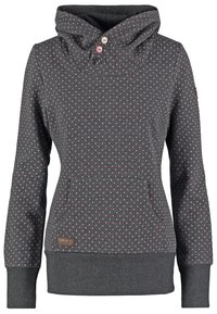 Sudadera de color gris oscuro con un patrón de topos en rosa y blanco, que presenta un gran cuello tipo embudo, bolsillo frontal y puños y dobladillo acanalados.