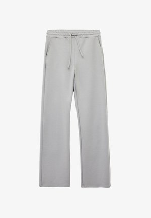 Lichtgrijze joggingsbroek van zachte stof met een elastische tailleband en trekkoord. Bevat twee zijzakken en brede, rechte pijpen.