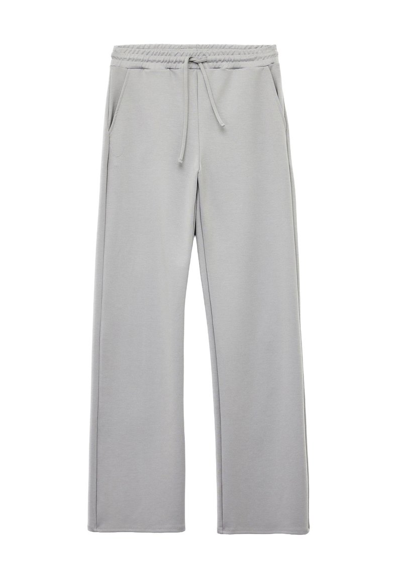 Lys grå sweatpants lavet af blødt stof med elastisk talje og snor. Har to sidelommer og brede, lige ben.