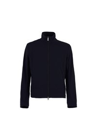 Giacca nera realizzata in un tessuto leggero e liscio. Presenta un colletto alto, una zip frontale e due tasche laterali. Design minimale senza motivi.
