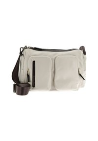 Borsa a tracolla color beige chiaro con due tasche frontali, zip nere e una tracolla regolabile di colore marrone scuro. Tessuto liscio, materiale sintetico.