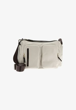 Borsa a tracolla color beige chiaro con due tasche frontali, zip nere e una tracolla regolabile di colore marrone scuro. Tessuto liscio, materiale sintetico.