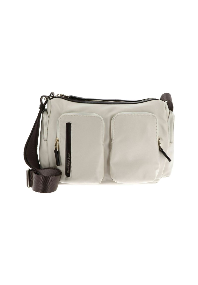 Borsa a tracolla color beige chiaro con due tasche frontali, zip nere e una tracolla regolabile di colore marrone scuro. Tessuto liscio, materiale sintetico.