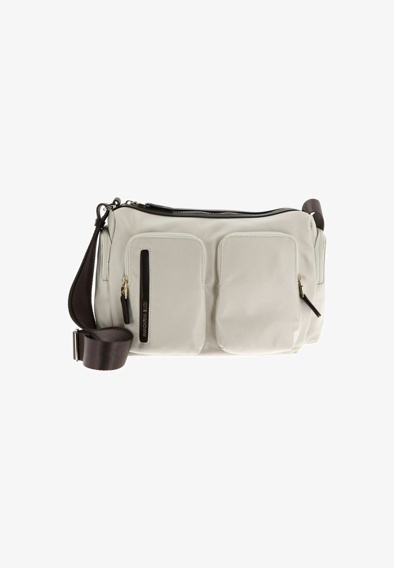Borsa a tracolla color beige chiaro con due tasche frontali, zip nere e una tracolla regolabile di colore marrone scuro. Tessuto liscio, materiale sintetico.