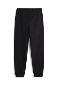 Pantalones de chándal negros hechos de un material suave, con cintura elástica, puños ajustados y un bolsillo trasero. Diseño simple y funcional.