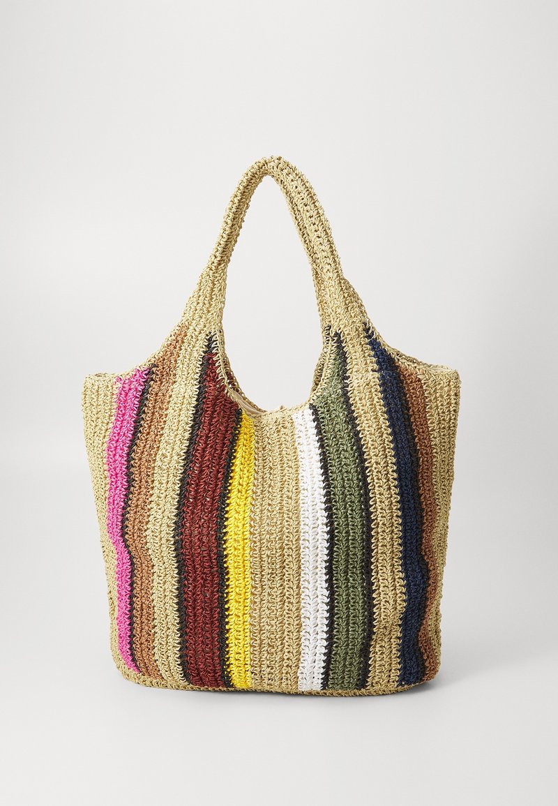 Sac fourre-tout tissé avec des rayures verticales multicolores en rose, marron, rouge, jaune, blanc, vert, marine et des anses et corps beige naturel.