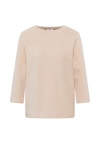 Beige Langarm-Kordhemd mit rundem Halsausschnitt und geradem Saum, präsentiert auf einem weißen Hintergrund.