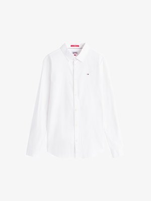 White long-sleeve shirt made of cotton. Features a button-down collar, front buttons, and a small logo embroidered on the chest.