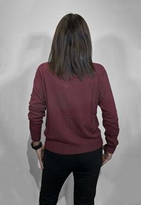 Maglione bordeaux lavorato a maglia con maniche lunghe, polsini e orlo a costine, indossato sopra pantaloni neri, visto da dietro su uno sfondo grigio.