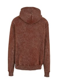 Felpa con cappuccio marrone, dal texture morbido e dall'aspetto sbiadito. Presenta polsini e orlo a coste. Vista posteriore senza decorazioni.