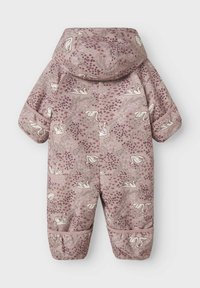 Pañuelo de nieve rosa para niños con patrones de cisne y flores, capucha forrada y puños elásticos. El material parece suave y duradero con textura acolchada.