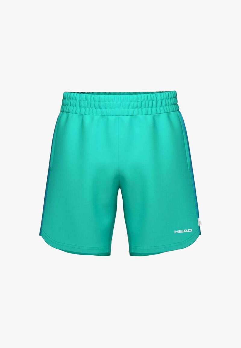 Shorts de sport turquoise avec taille élastique, poches latérales et logo "HEAD" sur la partie inférieure de la jambe droite.