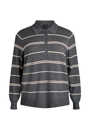 Pull polo à manches longues gris foncé avec des rayures horizontales beige clair et quatre boutons sur la patte.