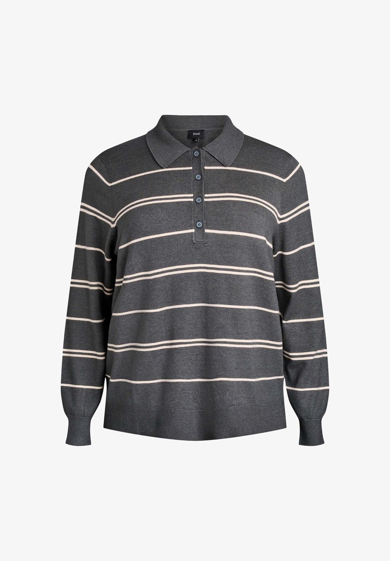 Pull polo à manches longues gris foncé avec des rayures horizontales beige clair et quatre boutons sur la patte.