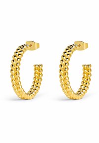 Goldfarbene Creolen mit einem strukturierten, perlenähnlichen Design. Verfügen über einen sicheren Verschluss und eine glatte, reflektierende Oberfläche.