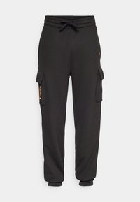 Schwarze Sweatpants mit geripptem Bund, Kordelzugverschluss und Cargo-Taschen auf beiden Seiten. Glatte Textur mit aufgesticktem Logodetail.