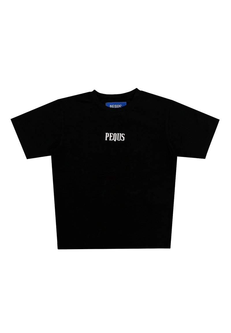 Black short-sleeve t-shirt made of cotton with a crew neck. Features white text "PEQUS" centered on the front. Simple, unadorned design.