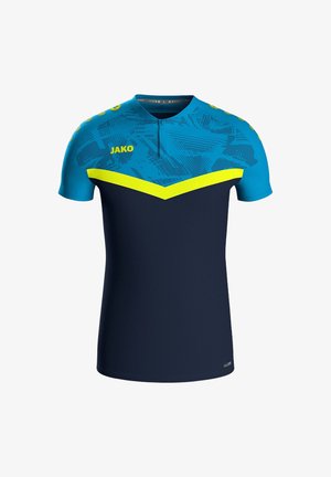Sportliches Kurzarm-Trikot mit blauem Oberteil und grafischem Muster, navy-farbigem Körper, ergänzt durch gelbe Chevron- und Logoelemente.