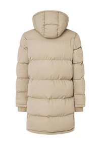 Beige puffer jacket with a hood, featuring vertical quilted sections, long sleeves, and a mid-length design. Smooth texture, lightweight material.