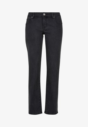 Jean noir à jambe droite en denim, avec une fermeture éclair, des poches avant et une coupe classique, ornés de détails de couture minimalistes.