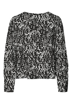 Czarna i biała bluzka z długim rękawem w abstrakcyjny wzór zwierzęcy z lekko bufianymi ramionami.