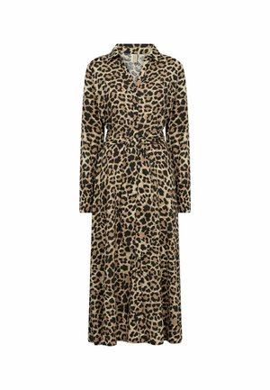 Klänning med leopardmönster, långa ärmar, krage och bälte i midjan. Tillverkad av mjukt material och har en flödande kjoldesign.