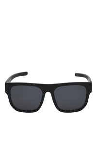 Schwarze rechteckige Sonnenbrille mit dunkeltönenden Gläsern. Das Gestell ist stabil und glänzend, mit strukturierten schwarzen Bügeln. Keine sichtbare Markenkennzeichnung.