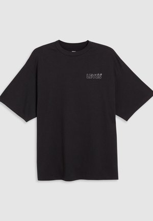Black cotton T-shirt with short sleeves, featuring a small Levi’s logo on the left chest. Simple design, standard crew neckline.