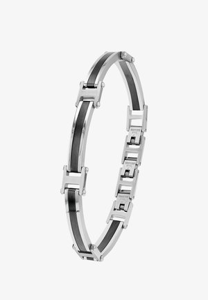 Herenarmband van roestvrij staal met zwarte inzet, rechthoekige schakels en geometrische verbindingsstaven.