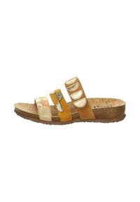 Sandalo a fascia con tre ampie cinghie nei colori beige, oro e senape; soletta in sughero testurizzato; suola piatta in gomma; motivi decorativi.
