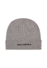 Szürke kötött beanie sapka bordás mandzsettával. A frontal fekete hímzett "KARL LAGERFELD" logó található. Puha tapintás, laza kialakítás.