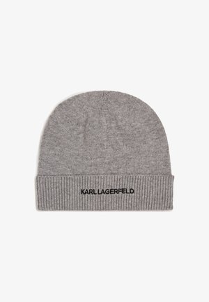Berretto lavorato a maglia grigio con risvolto a coste. Presenta il logo ricamato in nero "KARL LAGERFELD" sulla parte anteriore. Texture morbida, design non strutturato.