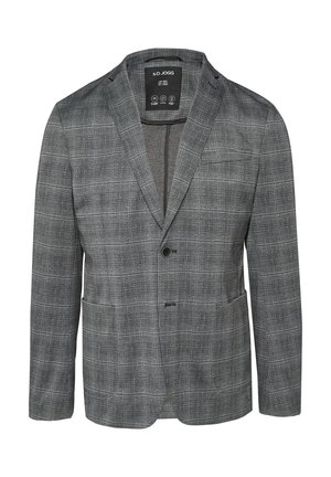 Gray plaid blazer with a notched lapel, single button closure, two front pockets, and a smooth textured fabric. Interior label visible.
