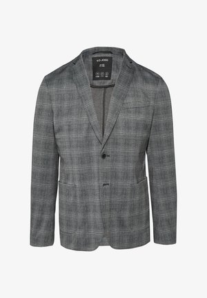 Gray plaid blazer with a notched lapel, single button closure, two front pockets, and a smooth textured fabric. Interior label visible.