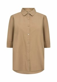 Tan button-up shirt with a collar, short sleeves, and a straight hem. Made of a smooth fabric with a subtle texture.