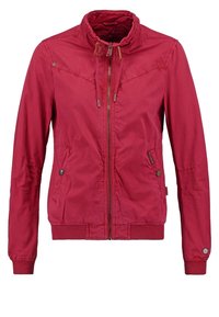 Veste décontractée rouge zippée avec col montant, cordons, poches latérales à boutons et poignets et ourlet côtelés.
