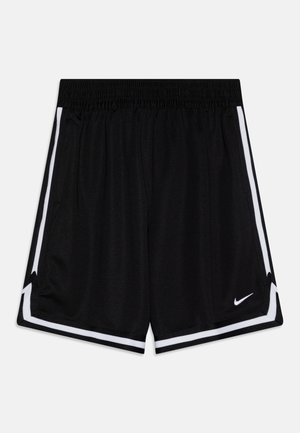 Schwarze Sportshorts mit einem elastischen Bund, weißen Seitenstreifen und einem kleinen Nike-Logo am unteren Saum. Glattes, leichtes Material.