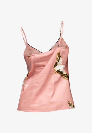 Różowa bluzka bez rękawów z dekoltem w kształcie litery V, z czarnymi akcentami i nadrukiem żurawia w białych i złotych akcentach z przodu. Wykonana z gładkiego materiału.