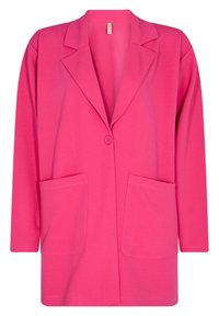 Blazer fucsia realizzato in tessuto morbido, caratterizzato da un rever a notched, chiusura con un solo bottone e due tasche frontali. Maniche lunghe.