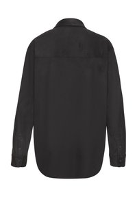 Black long-sleeve shirt with a smooth texture, buttoned cuffs, and a classic collar. Features a yoke detail at the back.