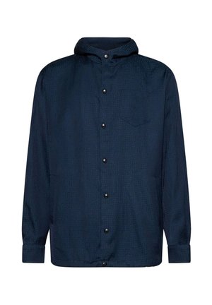 Giacca con cappuccio blu navy a maniche lunghe con bottoni automatici frontali e tasca sul petto, progettata per un uso casual.