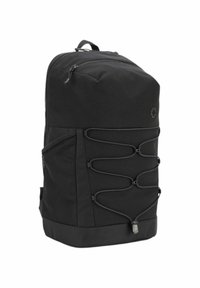 Črna nahrbtnik z teksturirano tkanino, elastičnimi bungee vrvicami spredaj in ojačano dno. Ima zgornji zadržno predal in mrežnato stransko žep.