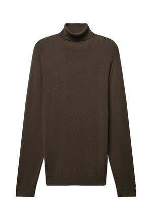Maglione a collo alto marrone realizzato in tessuto a maglia, con maniche lunghe, un colletto aderente e un orlo diritto con dettagli a coste.