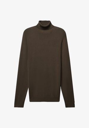 Maglione a collo alto marrone realizzato in tessuto a maglia, con maniche lunghe, un colletto aderente e un orlo diritto con dettagli a coste.