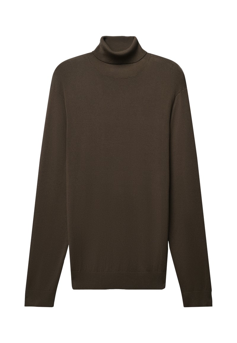 Maglione a collo alto marrone realizzato in tessuto a maglia, con maniche lunghe, un colletto aderente e un orlo diritto con dettagli a coste.