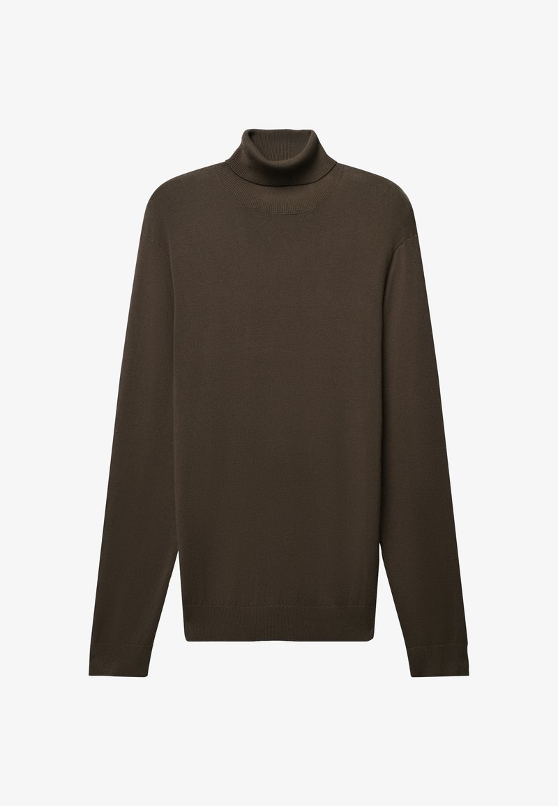 Maglione a collo alto marrone realizzato in tessuto a maglia, con maniche lunghe, un colletto aderente e un orlo diritto con dettagli a coste.